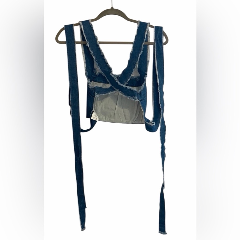 Denim Cropped Tank Top Medium Blue Chambray Criss Cross Back Tie Sexy Tie Boho - Picture 4 of 5